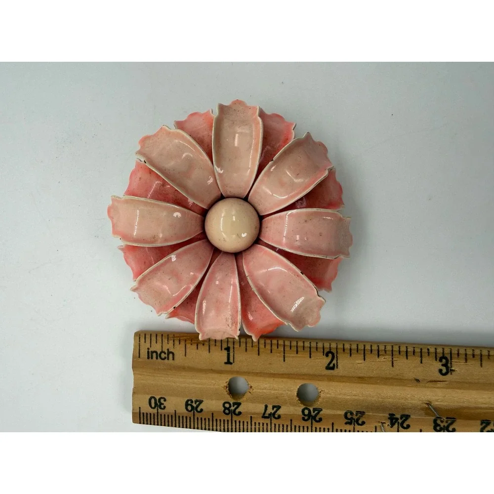 Vintage Baby Pink Enamel Flower Brooch Coral Tiered Petal Mid Century Pin Gift - Picture 5 of 6